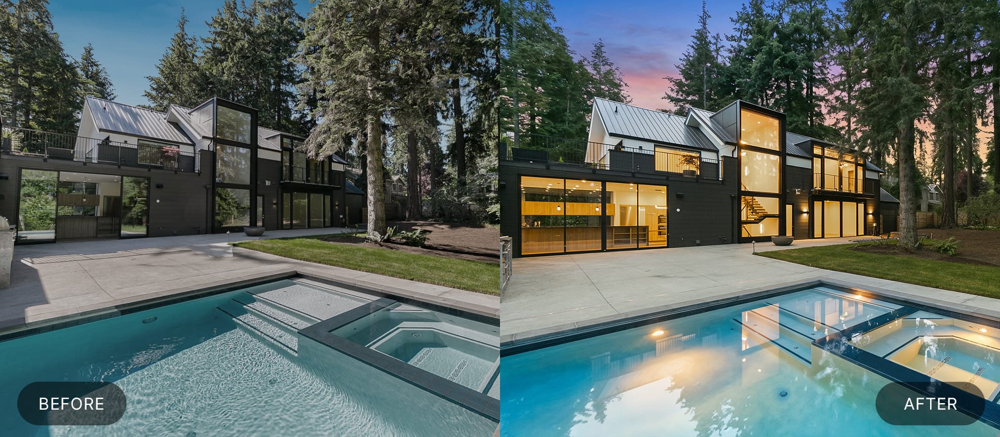 Advanced real estate photo editing of a modern luxury estate with swimming pool at twilight