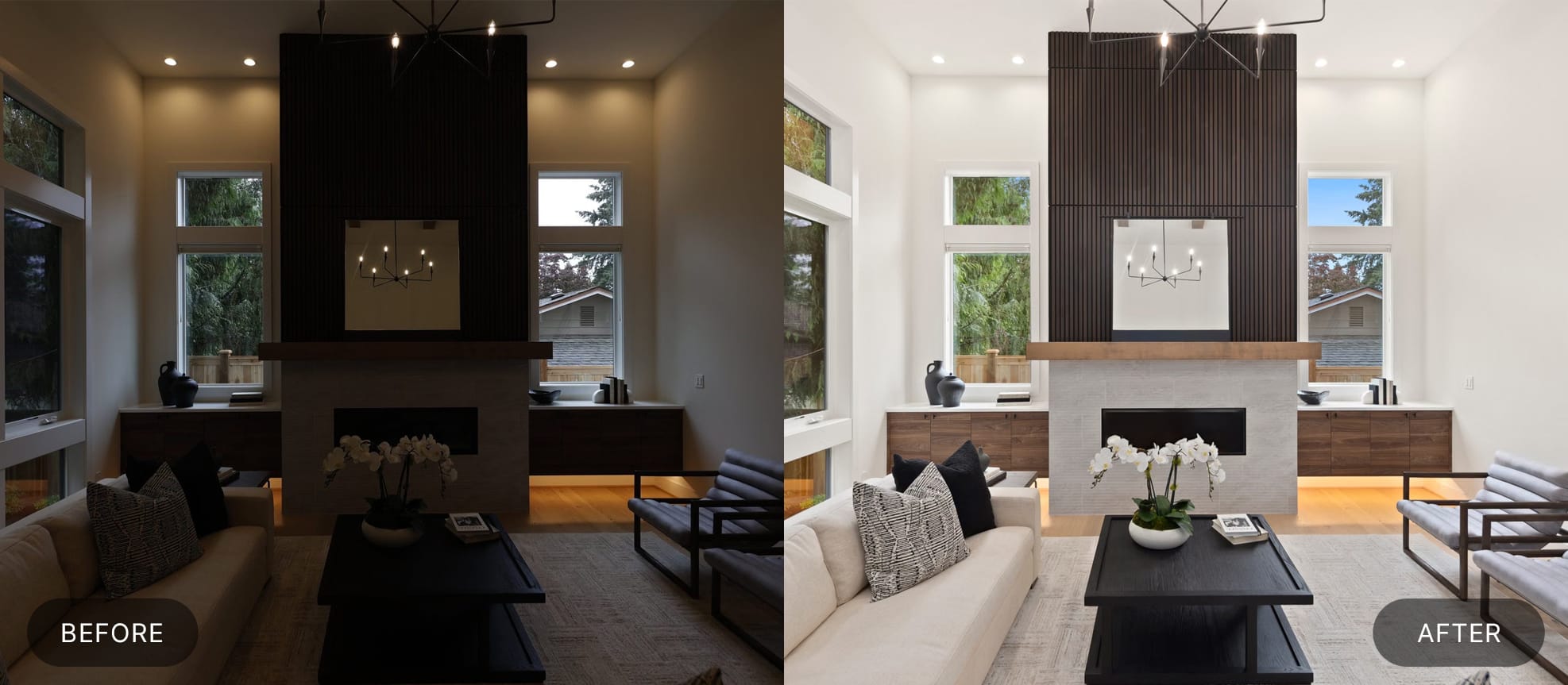 AI HDR real estate photo enhancement of a modern living room with fireplace and vertical slat accent wall