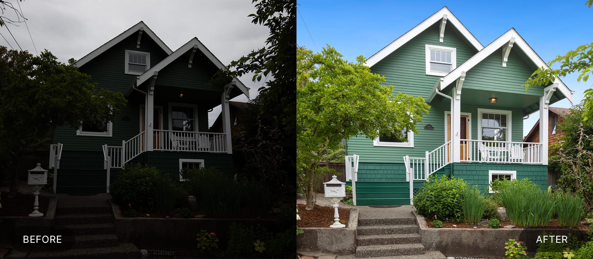 Basic real estate photo editing of a green two-story craftsman cottage exterior with sky replacement