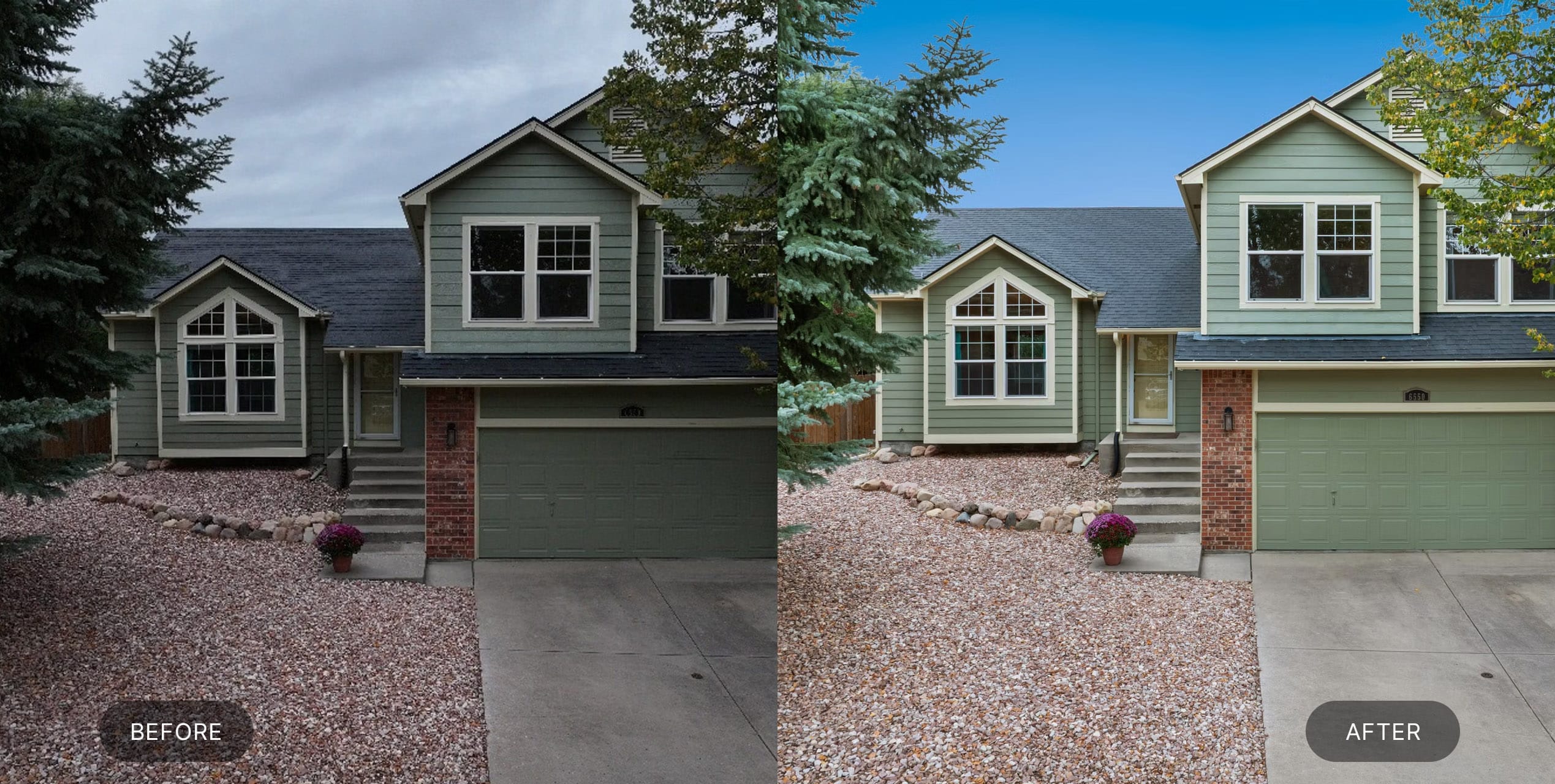 Basic real estate photo editing of a green two-story home
