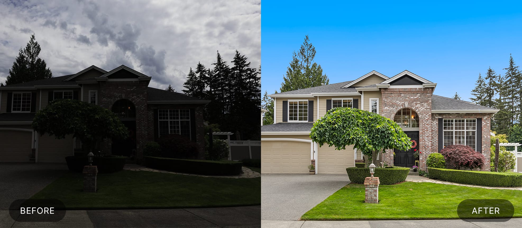 Standard real estate photo editing of a suburban home exterior with brick archway and sky replacement