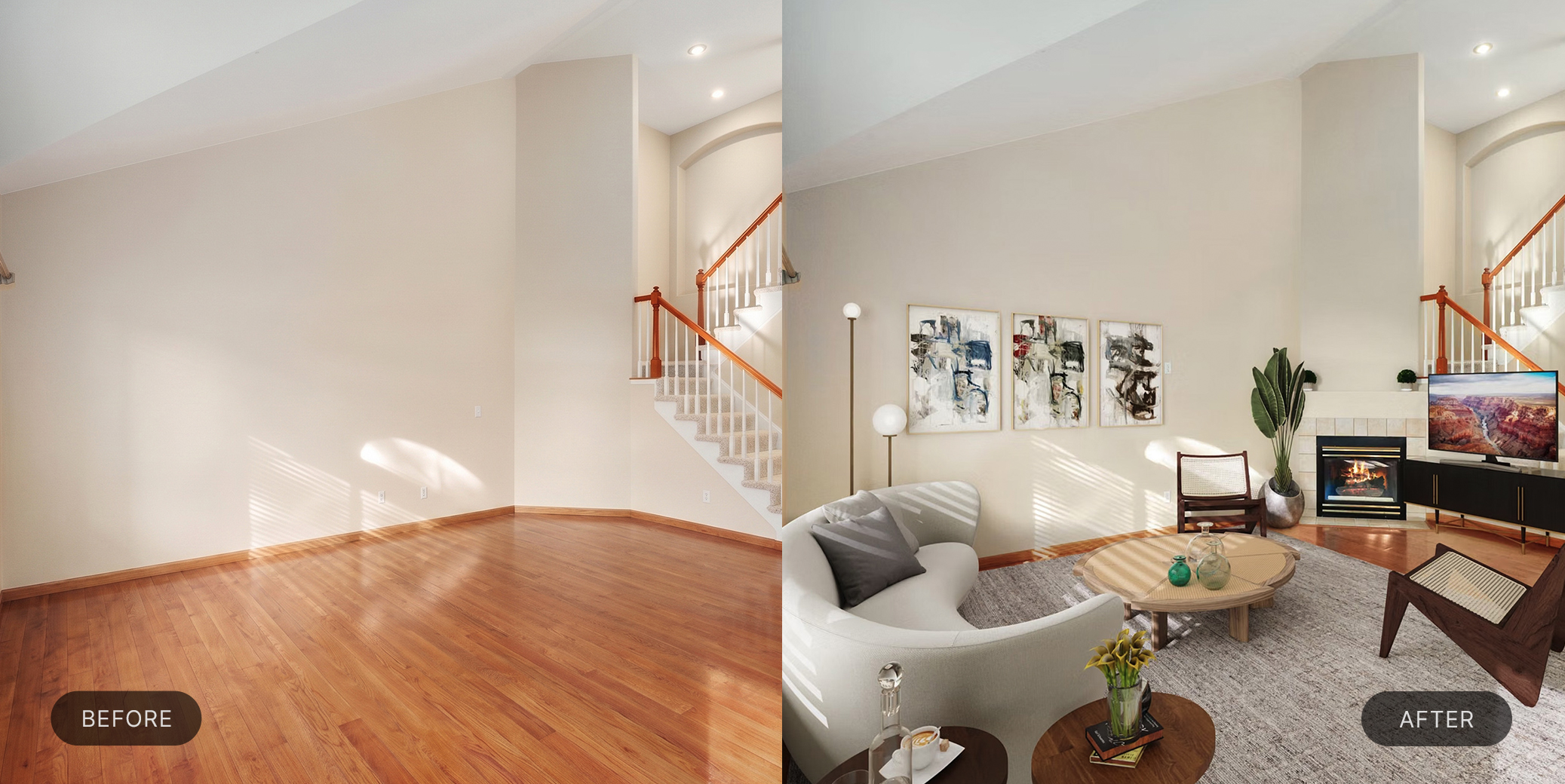 Advanced luxury virtual staging before and after comparison