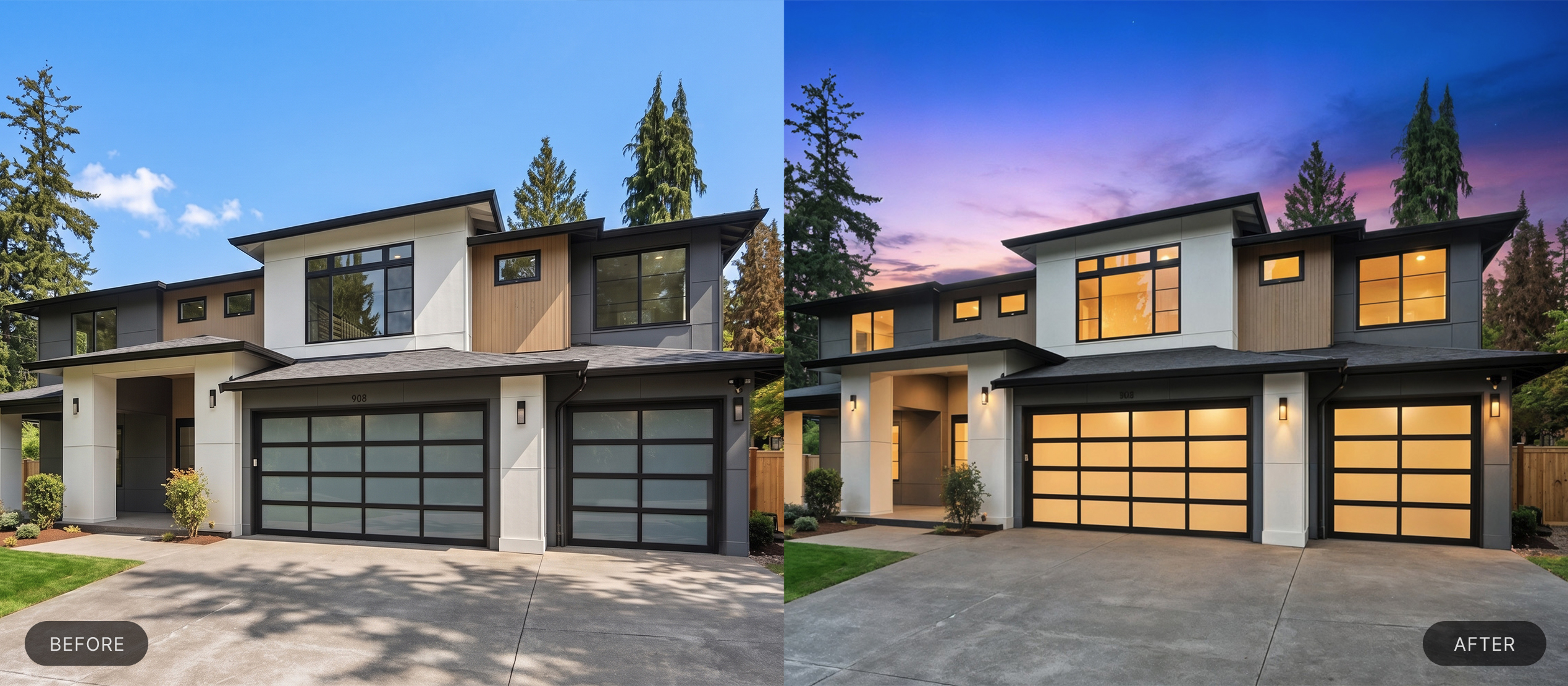Virtual twilight before and after edit